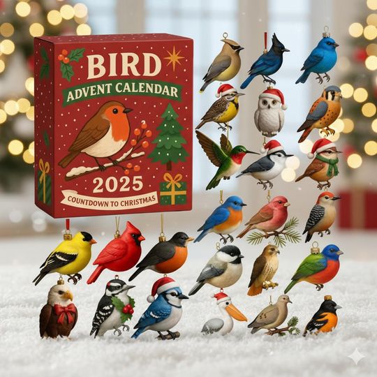 Discover 2025 Bird Advent Calendar, Flat 2D Acrylic Christmas Ornament Set Featuring Songbirds, Tree Hanging Decor Gift for Nature Lovers
