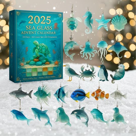 Discover Sea Glass Advent Calendar 2025, 24 Ocean Life Ornaments Featuring Dolphins, Turtles, and Shells, Coastal Christmas Countdown Gift