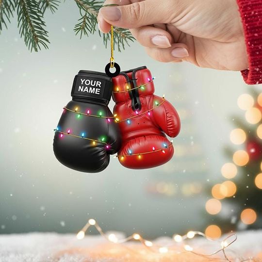 Discover Boxing Gloves Acrylic Christmas Ornament, Personalized Red and Black Sports Decor with Custom Name, Gift for Boxers and Gym Lovers