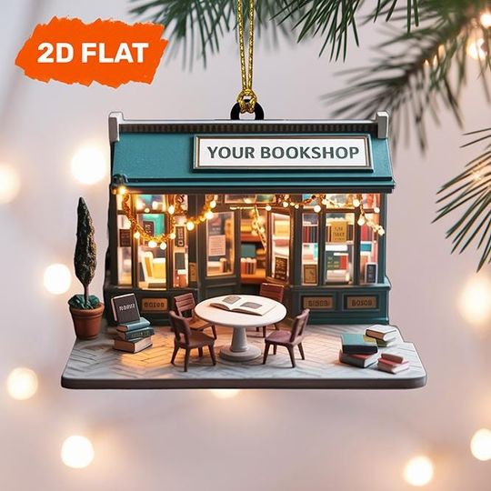 Discover Bookshop Ornament, Personalized Cozy Bookstore Reading Theme 2D Flat, Holiday Decoration Gift for Readers and Literature Lovers