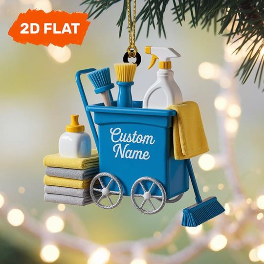 Discover Cleaning Cart Ornament, Personalized 2D Flat Blue Design Housekeeping Theme, Holiday Decoration, Gift for Cleaners and Organizers