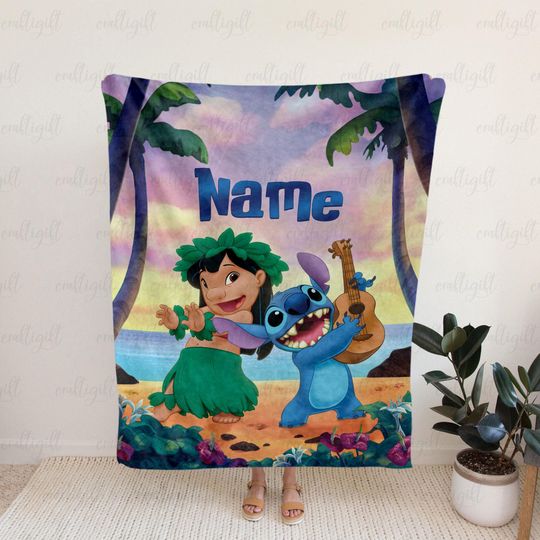 Discover Personalized Stitch And Lilo Beach Blanket, Stitch And Lilo Tropical Sunset Throw, Disney Stitch Movie Blanket, Disney Gift For Kids, NVA785