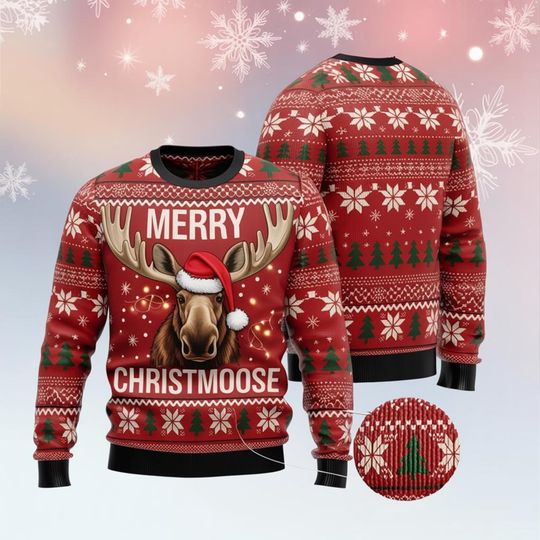 Discover Moose Merry Christmoose Ugly Christmas Sweater, Moose With hat, Funny Holiday Gift, Moose Ugly Sweater, Merry Christmoose, Moose Lover Gift