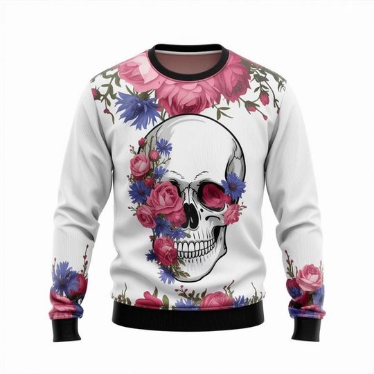 Discover Skull and Flowers Ugly Christmas Sweater, Skeleton Sweater, Day of the Dead Halloween Sweater