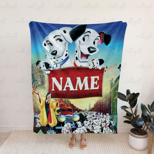 Discover 101 Puppies Personalized Name Throw, Fun Cartoon Dalmatian Blanket, Disney Character Blanket For Kid, Cute Dalmatian Nursery Decor, DTA086-5