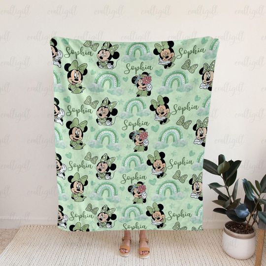 Discover Custom Name Minnie Mouse Baby Blanket, Green Minnie Mouse Nursery Blanket, Disney Baby Girl Blanket, Wdw Disneyland Birthday Gift, THA317-4
