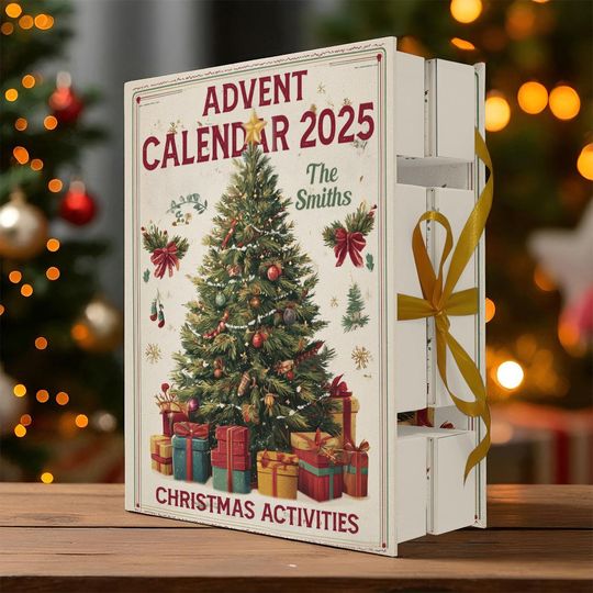 Discover Personalized Christmas Activities Folder Advent Calendar, Gift For Family, Christmas Pine Tree Snow, Acrylic Blind Box Countdown Calendar