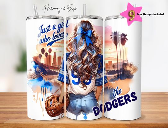 Just A Girl Who Loves The Dodgers Tumbler Wrap, Los Angeles 20oz Tumbler Sublimation design, Ladies Baseball Bow Lover
