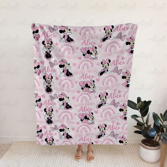 Discover Custom Name Disney Minnie Blanket, Minnie Mouse Rainbow Blanket, Cute Pink Disney Blanket For Girls, Minnie Mouse Baby Shower Gift, THA317-1