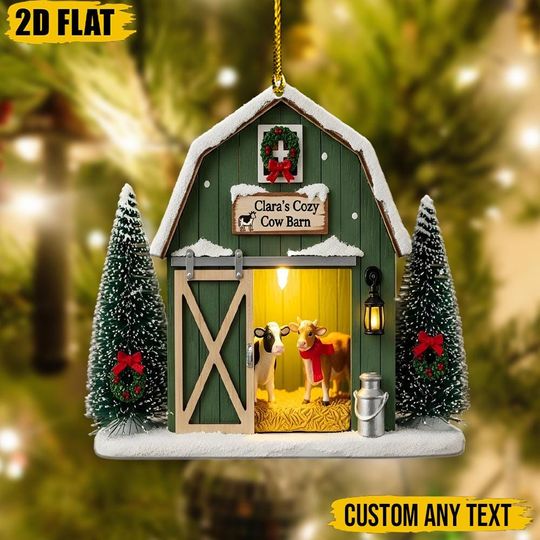Discover Personalized Cozy Cow Barn Christmas Ornament 2D, Custom Farmhouse Xmas Tree Decor, Unique Holiday Gift for Cattle Lovers