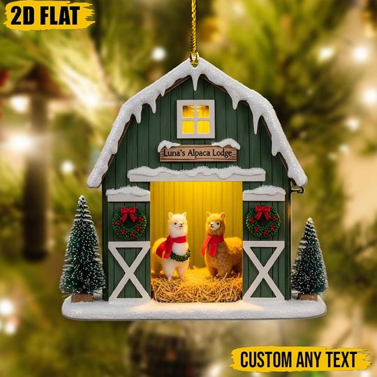 Discover Personalized Alpaca Lodge Christmas Ornament 2D, Custom Llama Farmhouse Xmas Decor, Unique Holiday Gift for Alpaca Lovers