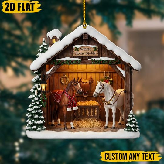 Discover Winter Horse Stable Christmas 2D Custom Hanger, Farm Xmas Tree Decoration, Unique Gift for Horse Lovers