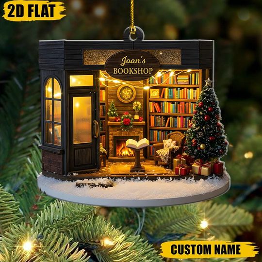 Discover Personalized Miniature Bookshop Ornament, Custom Name Bookstore Gift, Book Lover Christmas Tree Decor, Cozy Holiday Keepsake
