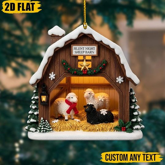 Discover Personalized Sheep Barn Christmas Ornament 2D, Silent Night Farmhouse Xmas Decor, Custom Holiday Gift for Sheep Lovers