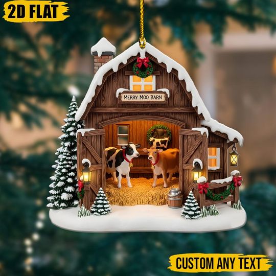 Discover Merry Moo Barn Christmas 2D Custom Hanger, Farm Xmas Tree Decoration, Unique Gift for Dairy Cow Lover