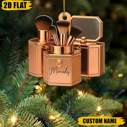 Personalized Makeup Brush Ornament, Custom Name Beauty Gift, MUA Christmas Tree Decor, Rose Gold Cosmetic Keepsake, Esthetician Gift
