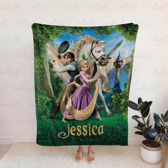 Discover Rapunzel And Flynn Rider Custom Blanket, Personalized Disney Tangled Blanket, Princess Rapunzel Name Blanket, Tangled Kid Room Decor, VTB498