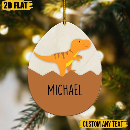 Discover Personalized Egg Ornament, Custom Name Dinosaur Christmas Decor, Kids Xmas Gift, Tyrannosaurus Tree Ornament, Dino Keepsake, 2D Flat