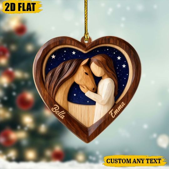 Personalized Horse and Girl Ornament, Horse Lover Gift, Equestrian Christmas Decor, Custom Name Heart Keepsake, Best Friend Horse