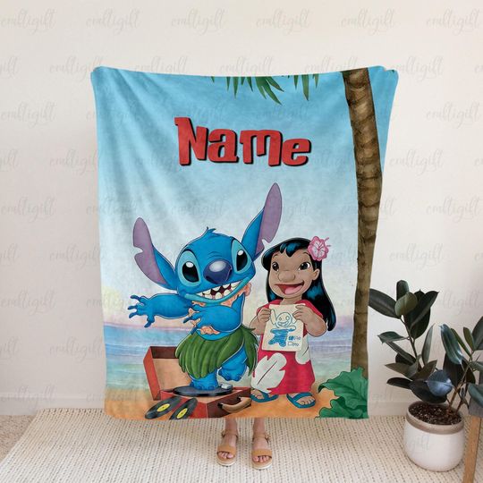 Discover Lilo And Stitch Beach Scene Customized Throw, Lilo And Stitch Blanket With Name, Disney Stitch Blanket, Tropical Ocean Gift For Kids, NVA783
