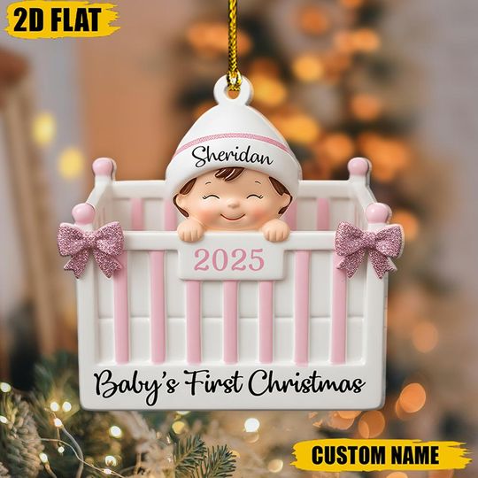 Discover Personalized Baby's First Christmas Ornament, Custom New Baby Girl Gift, Pink Crib Xmas Keepsake, Newborn Custom Name Decor