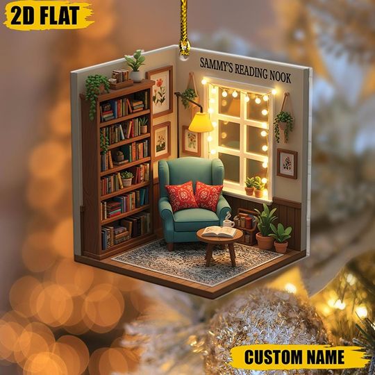 Discover Personalized Reading Nook Ornament, Custom Cozy Library Christmas Gift, Book Lover Xmas Decor, Literary Holiday Keepsake