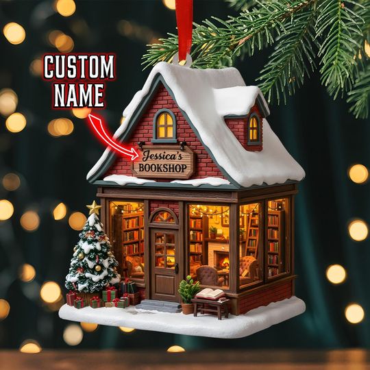 Discover Personalized Cozy Bookshop Ornament, Custom Name Book Nook, Reader Gift, Unique Christmas Tree Decor, Library Lover Keepsake