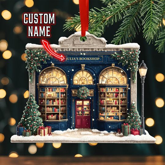 Discover Personalized Navy Bookshop Ornament, Custom Christmas Storefront Decor, Library Miniature Gift, Holiday Bookworm Keepsake