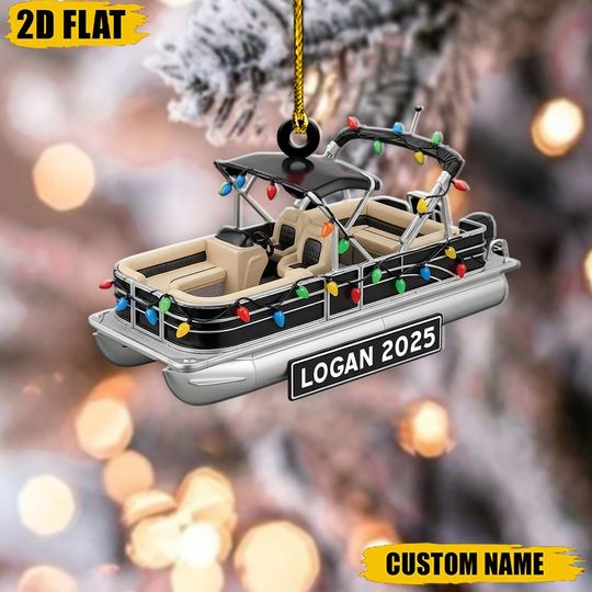 Personalized Pontoon Boat Ornament, Custom Name Boating Christmas Gift, Lake Life Decor, Christmas Tree Hanging, Holiday Keepsake