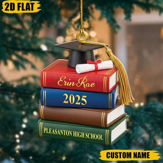 Personalized Graduation Book Stack Ornament, Custom Name High School Gift, Class of 2025 Decor, Senior Keepsake, Grad Cap Ornament