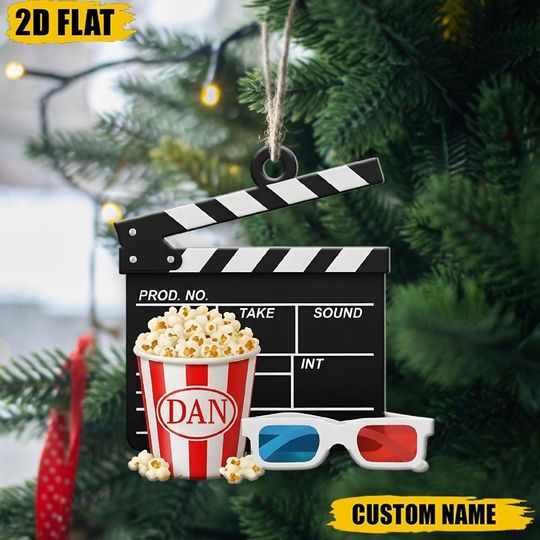 Personalized Movie Night Christmas Ornament, Custom Name Film Clapperboard Decor, Filmmaker Gift, Popcorn Lover Xmas Keepsake
