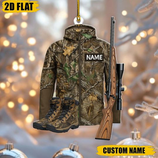 Discover Personalized Hunting Gear Ornament, Custom Hunter Gift, Camo Christmas Decor, Rifle and Boots Xmas Tree Ornament, Custom Name