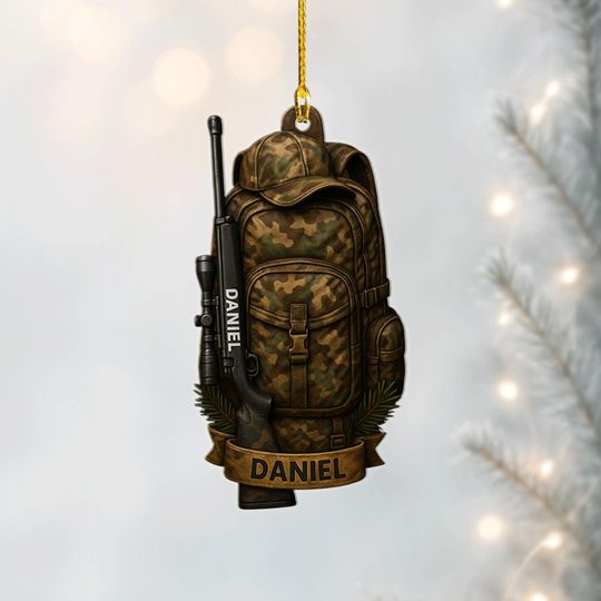 Discover Hunting Backpack Rifle Ornament, Personalized Hunter Christmas Gift, Custom Name Outdoorsman Xmas Decor, Camo Gear Keepsake