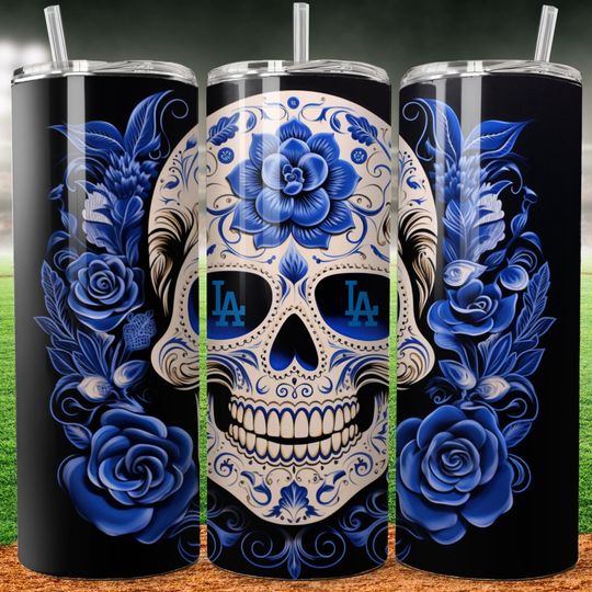 Discover LA Sugar Skull 20oz Skinny Tumbler Wrap, Dodger Colors