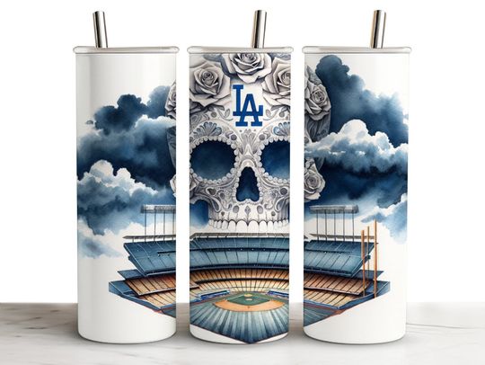 Discover LA Sugar Skull 20oz Skinny Tumbler Wrap, Dodger Colors , Seamless, Tumblerful Tumbler Wrap, Sublimation, Sublimational