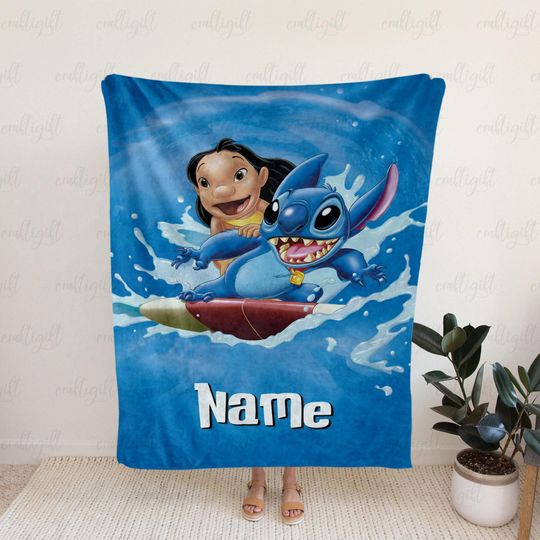 Discover Lilo And Stitch Surfing Blanket, Personalized Cartoon Character Throw, Lilo And Stitch Ocean Wave Blanket, Blanket For Stitch Lovers, NVA784