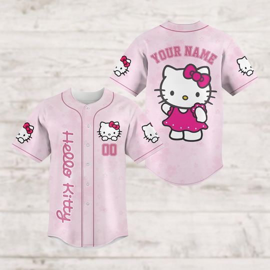 Custom Hello Kitty Baseball Jersey for Kids and Women, Cute Kitty Cat Kawaii Jersey Shirt