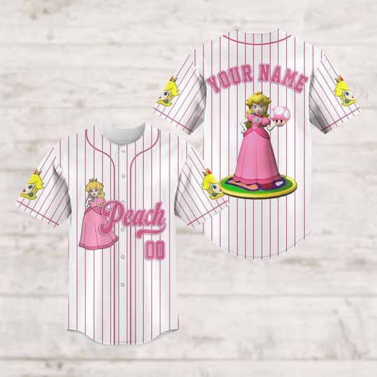 Princess Peach Baseball Jersey, Super Mario Video Game Kids Jersey, Custom Name Sports Shirt, Gift for Her