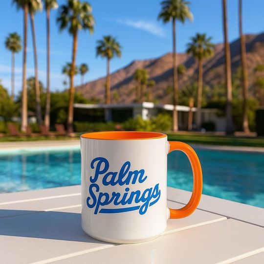 Palm Springs Coffee Mug: Retro Dodgers Font, Orange Accent Mug