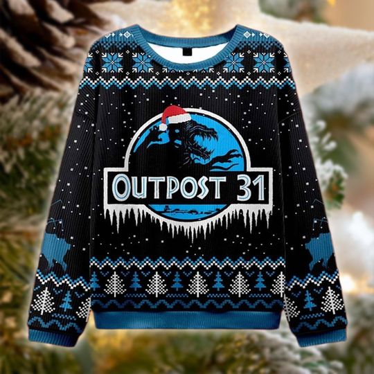 Dinosaur Christmas Sweater, Outpost 31 Holiday Jumper, Funny Sci-Fi Xmas Knit