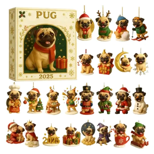Discover Christmas Pug Advent Calendar 2025, 2D Acrylic Ornament Dog Christmas Ornaments