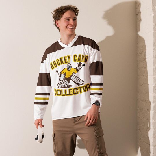 Discover Men's Hockey Jersey Brown & Gold Fan Hockey Card Collector