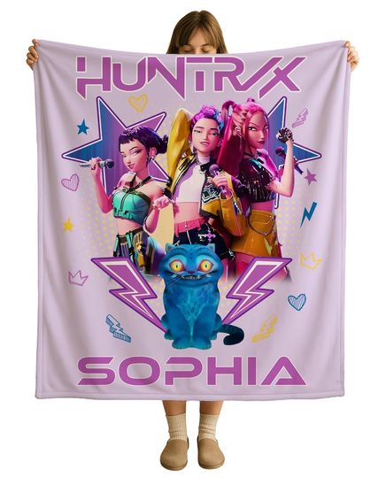 Personalized Demon Pop Hunters Movie Blanket, Custom Korean Pop Demon Hunter Blanket – Huntrix Design Soft Fleece/Minky/Sherpa Throw, Cozy Anime Gamer Blanket, Unique Gift Huntrix Blanket