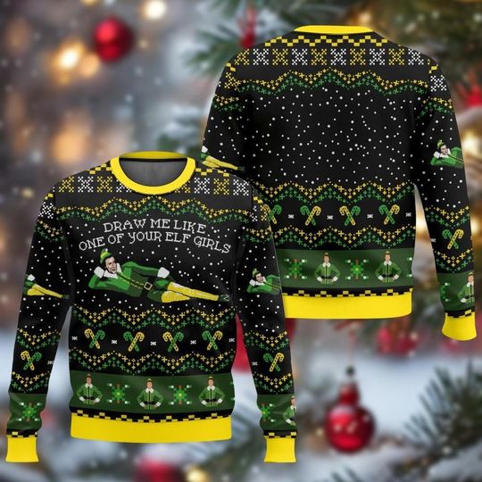 Discover Christmas Buddy Elf Ugly Sweater - Holiday Knitted Sweatshirt with Elf Girl Illustration