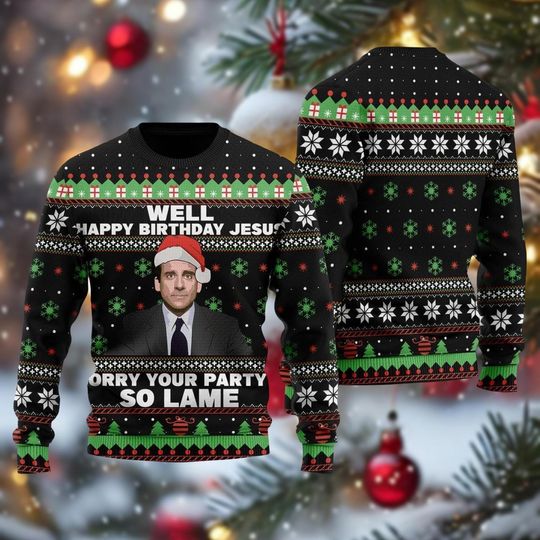 Discover Michael Scott Christmas Sweater, Happy Birthday Jesus 90s Movie Holiday Ugly Sweatshirt for Fans