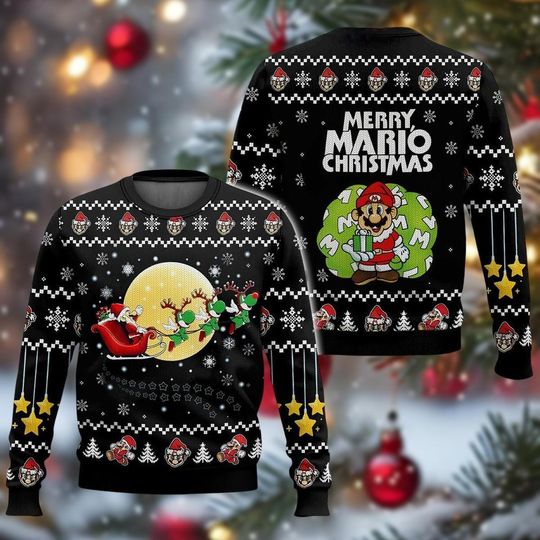 Merry Mario Christmas Ugly Sweater, Super Mario Xmas Sweater, Mario Luigi Toad Video Game Holiday Sweater for Men Women Kids