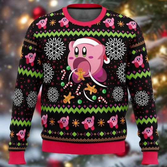 Pink Hungry Kirby Christmas Sweater, Santa Kirby Video Game Holiday Sweatshirt, Cute Xmas Gift