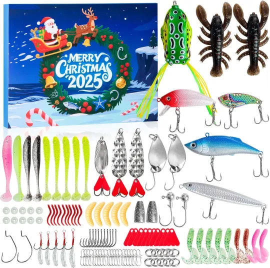 Discover Fishing Advent Calendar 2025,24 Days Christmas Countdown with 114 Pcs Lures Gif