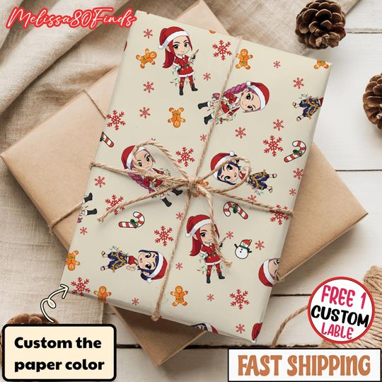 Huntrix Chibi K-Pop Demon Hunters Christmas Wrapping Paper, Custom Anime Holiday Gift Wrap, Christmas Paper Roll, Derpy Tiger Xmas Pattern