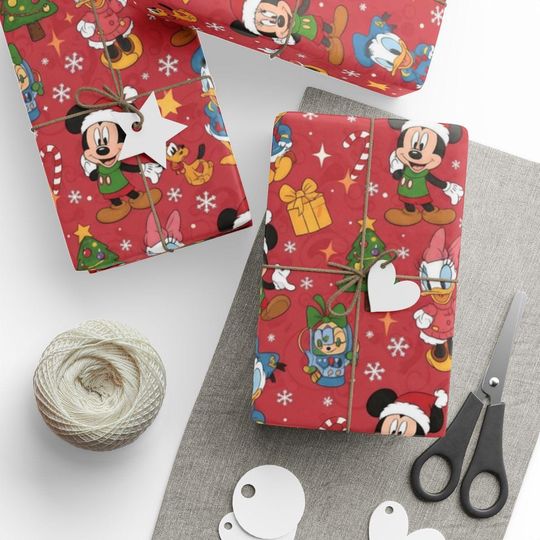 Discover Disney Christmas Wrapping Paper, Mickey Mouse Clubhouse Festive Holiday Gift Wrap, Red Xmas Paper, Cute Cartoon Wrapping